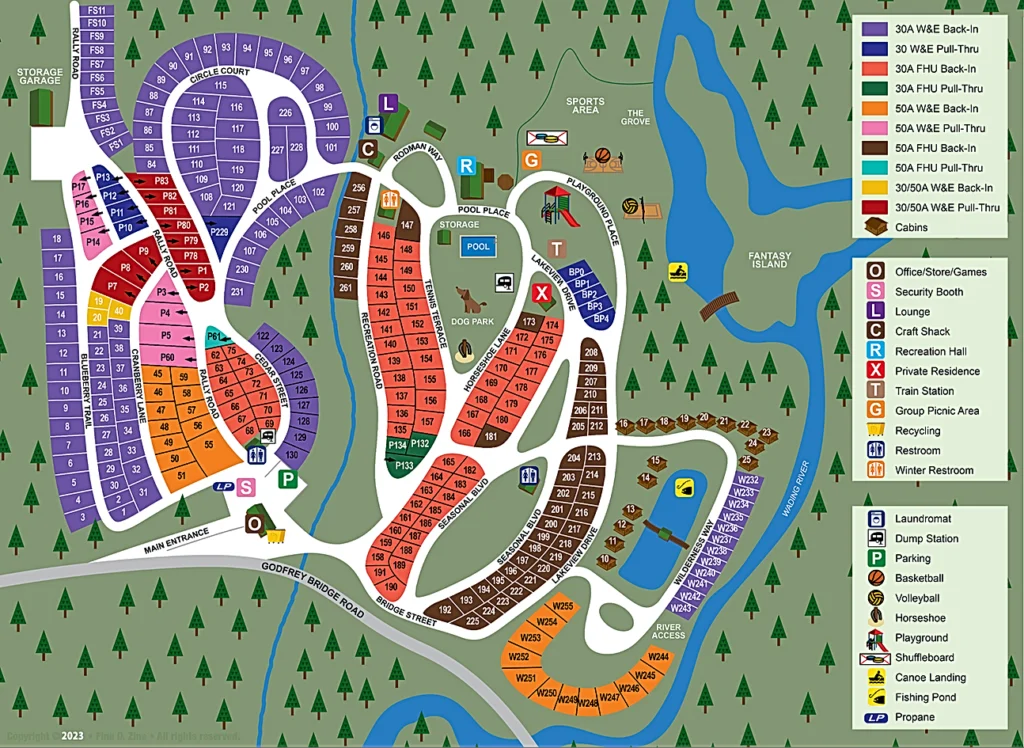 Color-coded campground map showing cabin, RV, and tent sites, roads, amenities like pool, restrooms, office, and recreation areas, all labeled with letters and symbols for key locations.