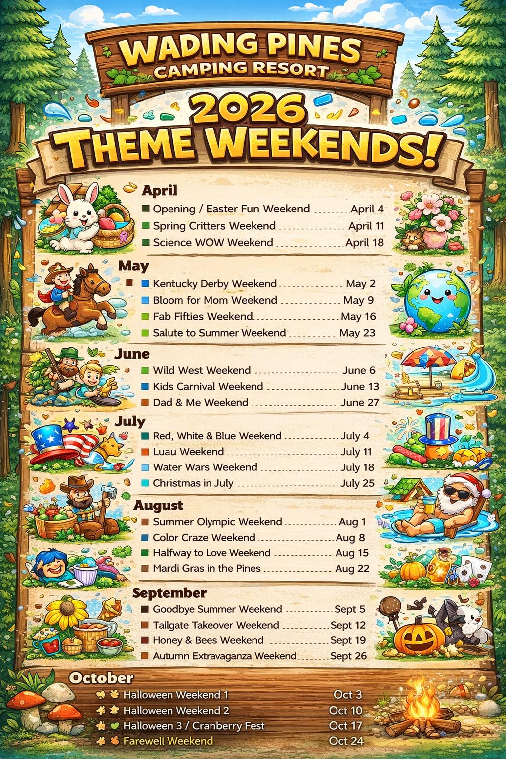 2026 Wading Pines Camping Resort theme weekends calendar with themed illustrations for each event from April to October, including holidays and special activities.