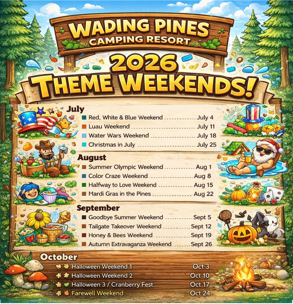 Colorful poster listing 2026 themed weekends at Wading Pines Camping Resort, with event names and dates from July to October, surrounded by cartoon camping and nature graphics.